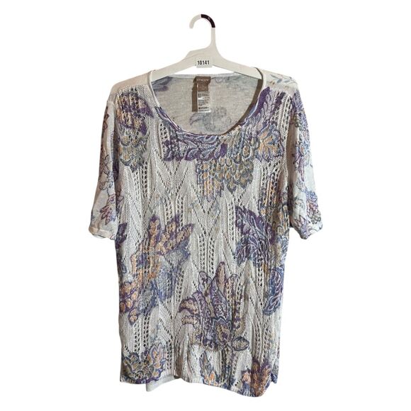 Chico's Sweater Floral Printed Pointelle Stitch Short Sleeve Linen 4 (XXL) Ivory - Picture 1 of 7